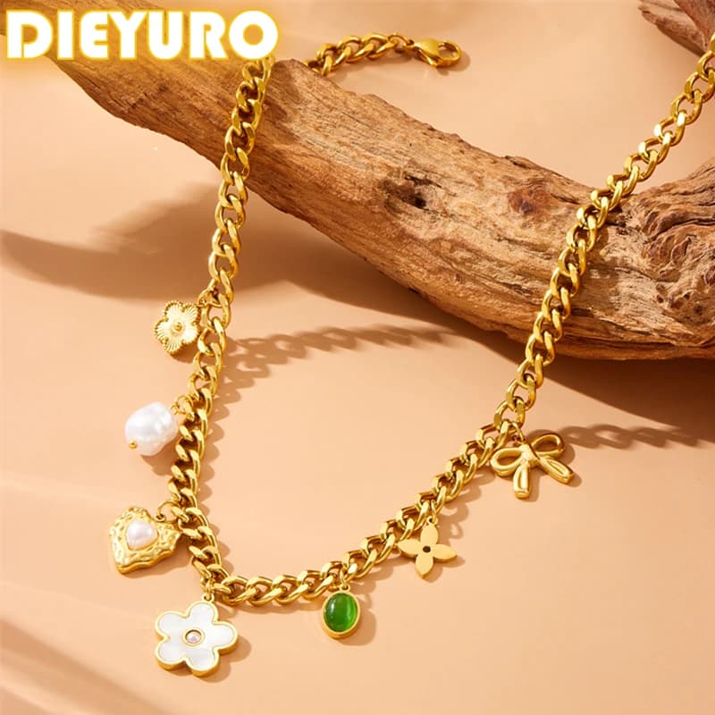 DIEYURO 316L Stainless Love Pearl Bow Rhinestone White Flowers Necklace For Womens Girl 2024 New Trend Neck Jewelry Gift Party