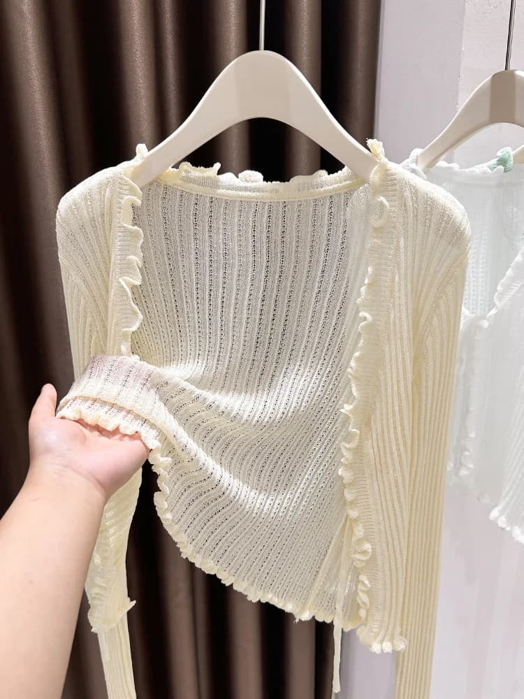 Cardigan Sottile in Seta Ghiaccio Lavorato a Maglia Giallo Dolce per Protezione Solare Donna, Copricostume Estivo da Spiaggia