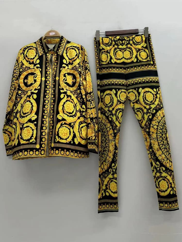Retro geometric print loose shirt two-piece set for spring women's wear+knitted elastic tight fitting leggings fashion set