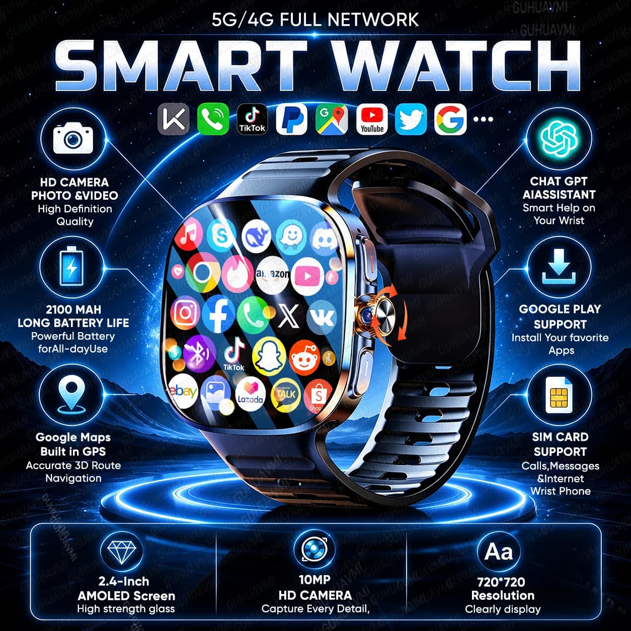 New 5G/4G Full Network Smart Watch WIFI GPS Video Call 8+128GB RAM Google Play 2.4" AMOLED Screen 2100mAh Smartwatch Mini Phone