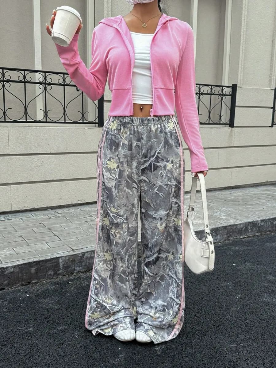 Pink Hooded Fleece Cropped Cardigan And Leaf Print Wide Leg Pants Two Piece Set Casual Streetwear