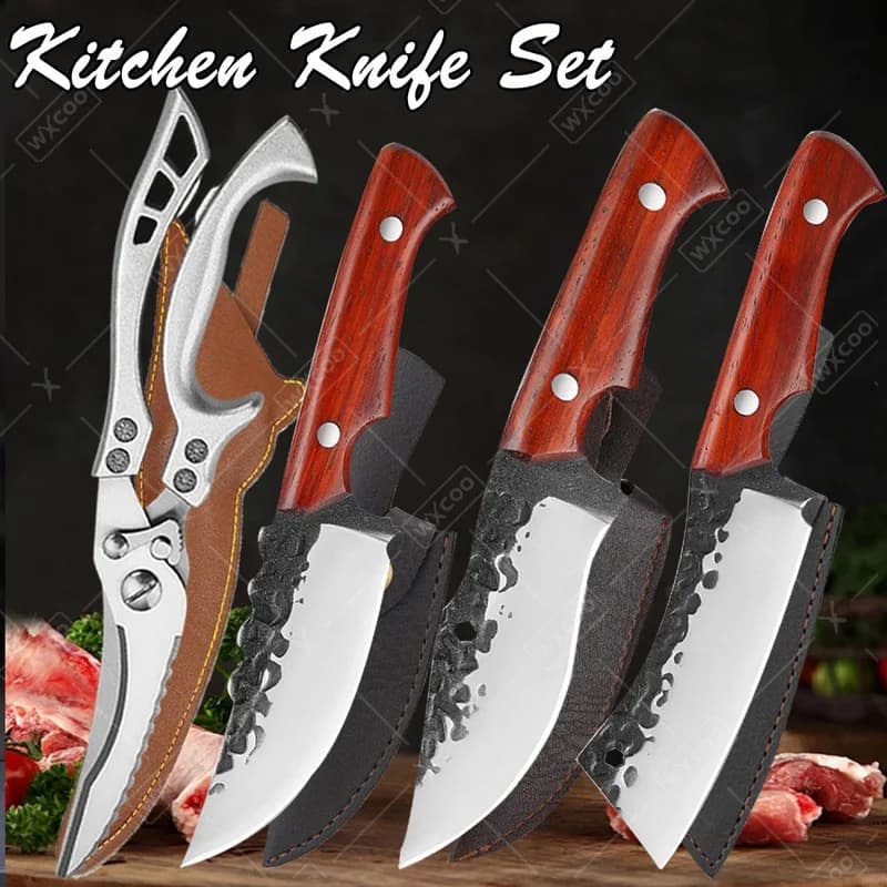 WXCOO Stainless Steel Kitchen Scissor Boning Knife Hand-forged Meat Cleaver Knife Professional BBQ Knife with Cover