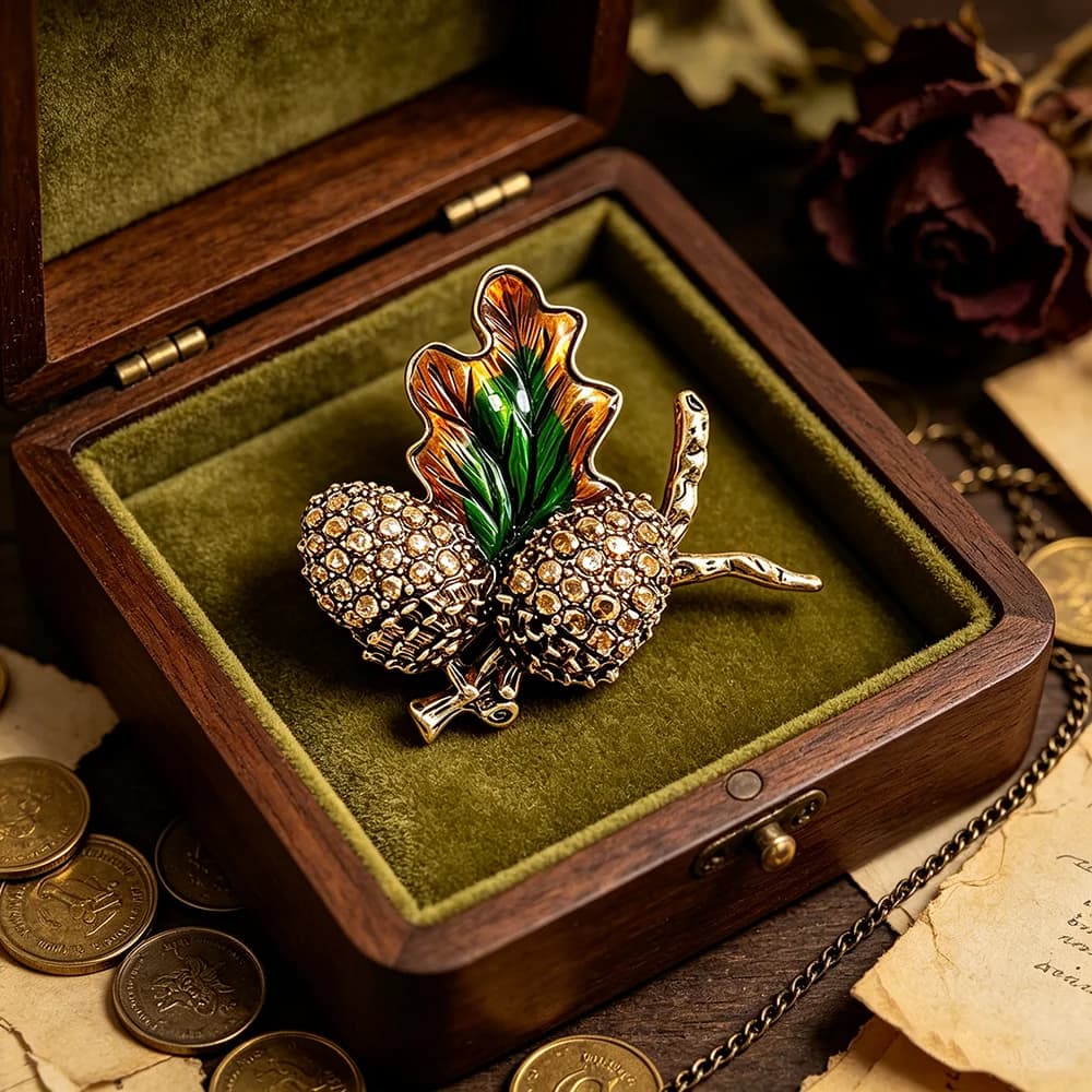 Retro Antique Gold Rhinestone Acorn Oak Leaf Brooch, Enamel Autumn Plant Pin, Coat Scarf Hat Decor Brooch Jewelry Gift for Women