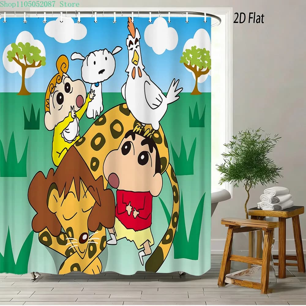 Tenda da doccia impermeabile con stampa 2D di Crayon Shin-chan, Himawari, Shiro, Leopardo e Gallo in scena di avventura nella giungla, verde brillante
