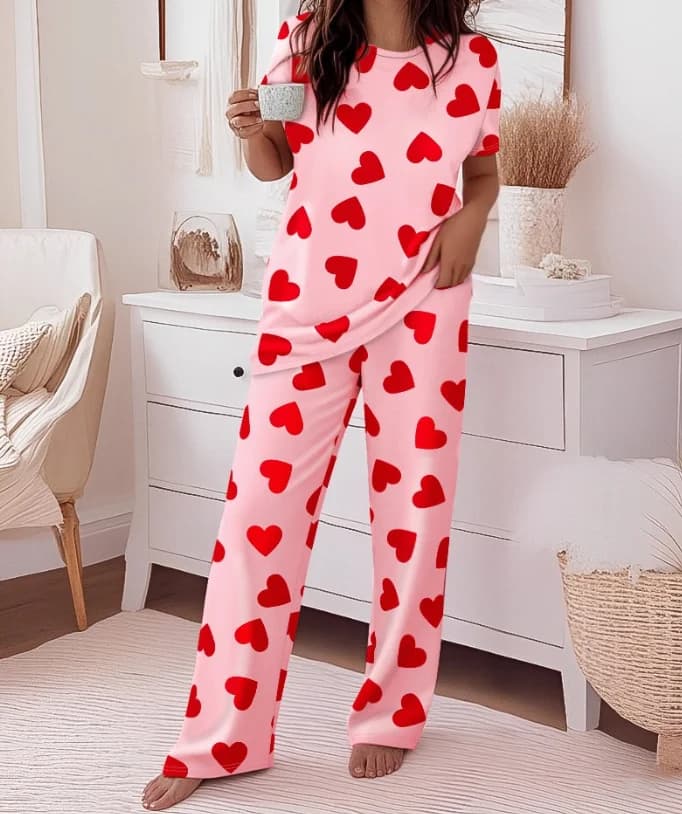 2-Piece Heart-Shaped Patterned Short Sleeved Top and Casual Heart-Shaped Patterned Long Pants Set for Home Wear and Pajamas Set