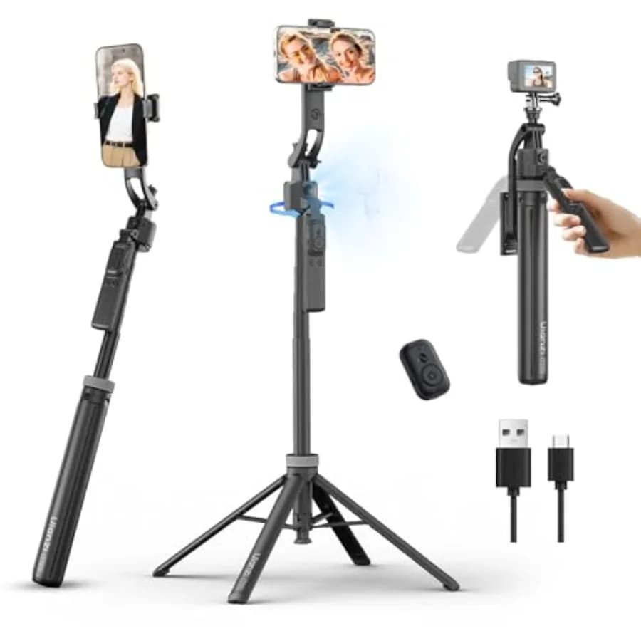 TT23 Treppiede da 64 Pollici con Tracciamento Automatico del Viso per iPhone/Android con Telecomando 360° ° Bastone per selfie rotante che segue i tuoi movimenti e riconosce il volto