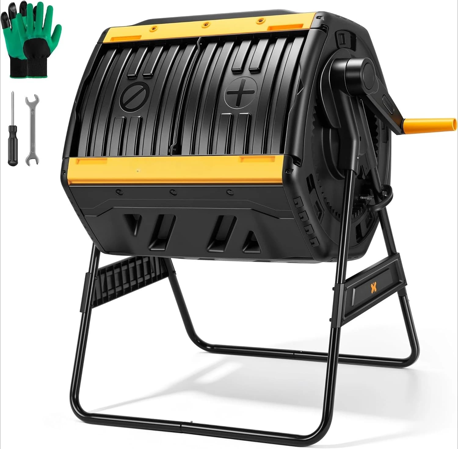 Outdoor Compost Bin 53 Gallon, Dual Chamber Large Compost Tumbler for Garden Backyard, with 360° Rotating, Sliding Doors & Solid Steel Frame, Updated