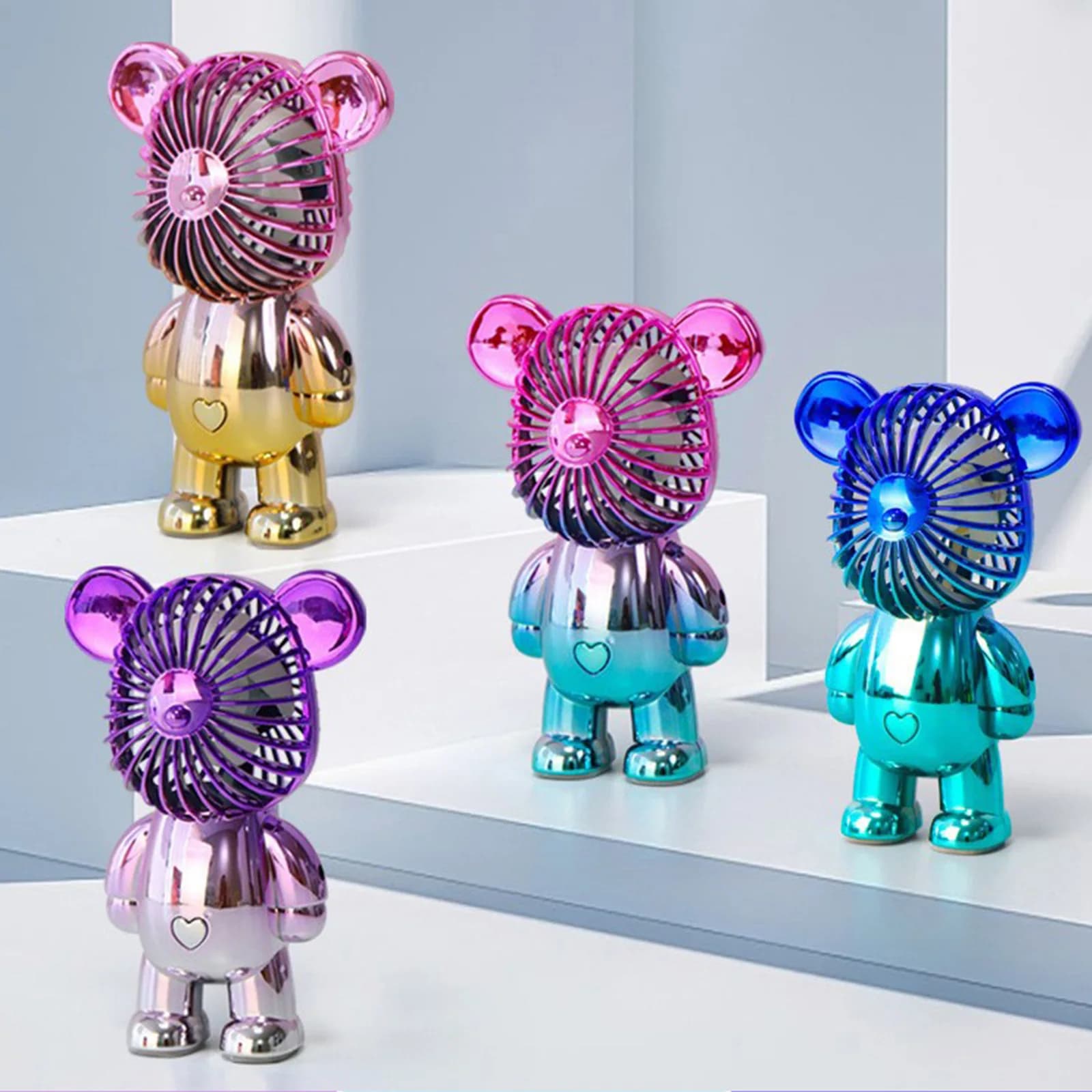 Graffiti Bear Electric Fan USB Rechargeable Desktop Fan Electroplating Gradient 3-speed for Camping Outdoor Travel
