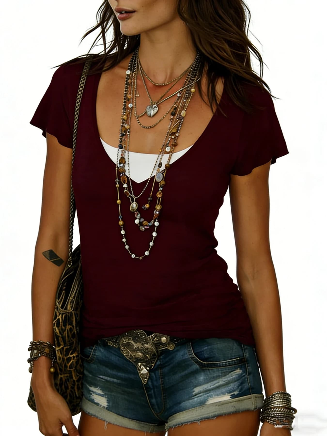 Nuova Moda Estiva: T-shirt a Maniche Corte con Scollo a V, Effetto Doppio, Tinta Unita, Versatile per Uso Quotidiano e Mix & Match