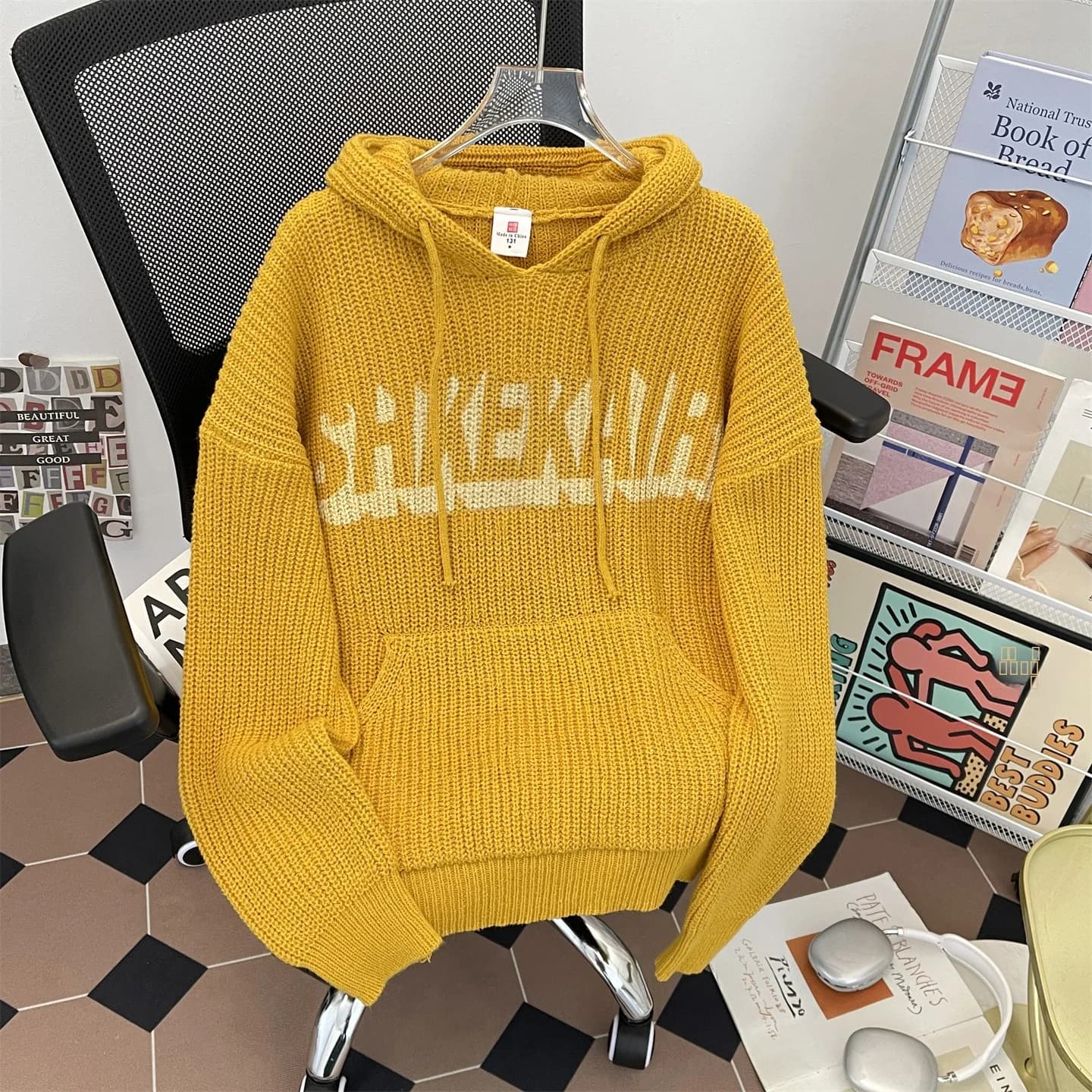 American Vintage Yellow Hooded Knitted Sweater Men's High Street Loose Lazy Feeling Oversize Hoodie Sweatshirt Casual Knitwear