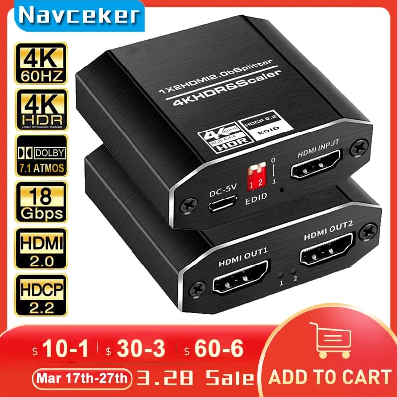 ProAV 4K UHD HDMI Splitter 2.0 1x2 HDMI 2.0 Splitter HDCP 2.2 HDR Splitter HDMI 2.0 4K HDMI2.0 Splitter Per Blu-Ray DVD PS3 PS4
