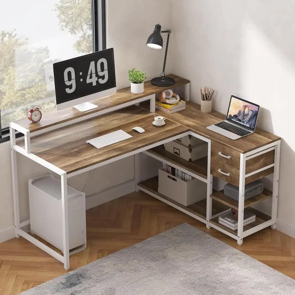 Scrivania a L in Quercia da 55 Pollici con Cassetti, Spazio di Archiviazione e Supporto per Monitor, Ideale per Ufficio Domestico, Gaming e Spazi Ridotti
