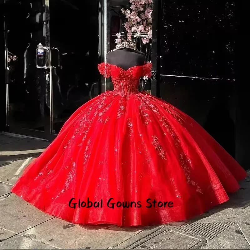Glittering Red Ball Gown Quinceanera Dresses Vestidos De 15 Anos Charming Off Shoulder Birthday Party Customized