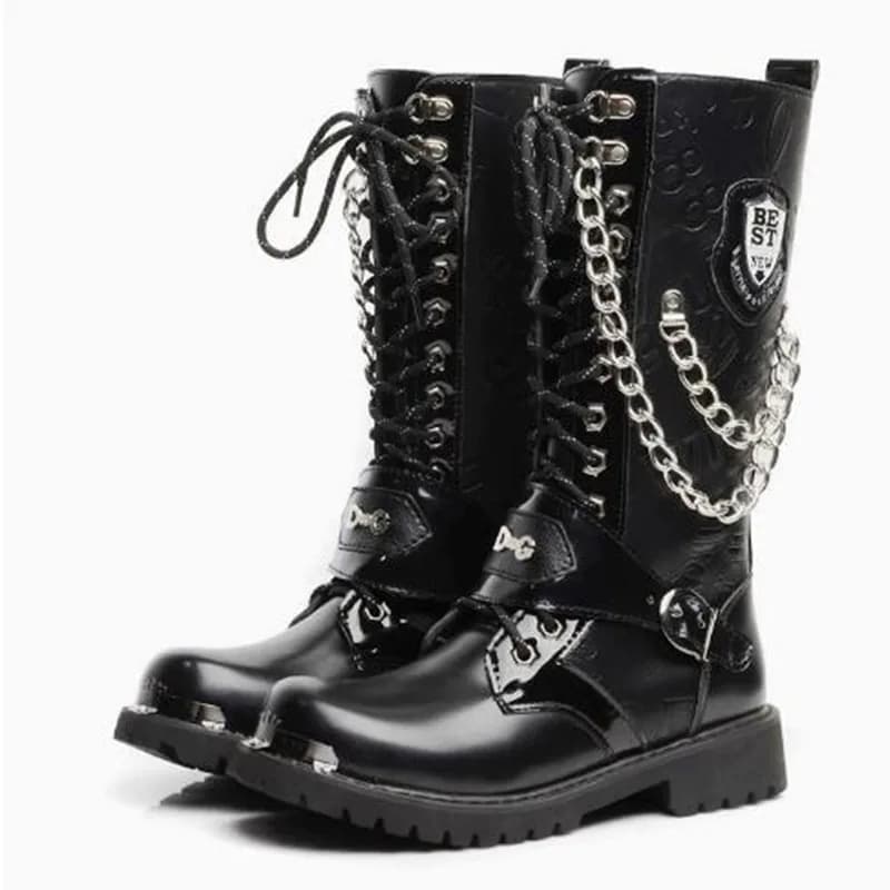 Men Fashion Motorcycle Boots Mid-calf Breathable Combat Boots Gothic Belt Punk Botas Hombre Shoes Hightop Casual Steel Toe Shoes