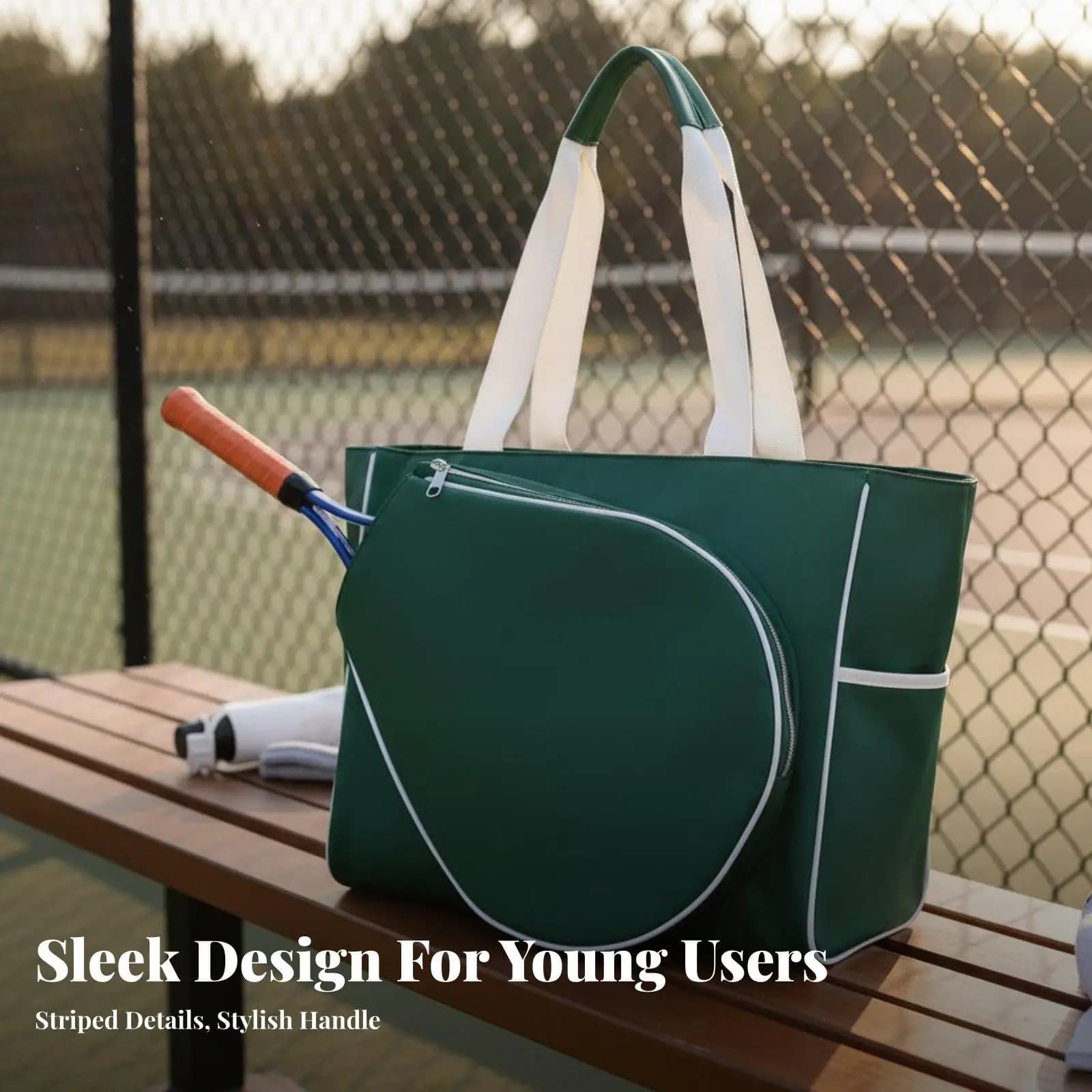 Stylish Tennis Tote Bag for Two Rackets Pickleball Cover Bag with Side Pockets for Bottles Balls and Internal Zipper for