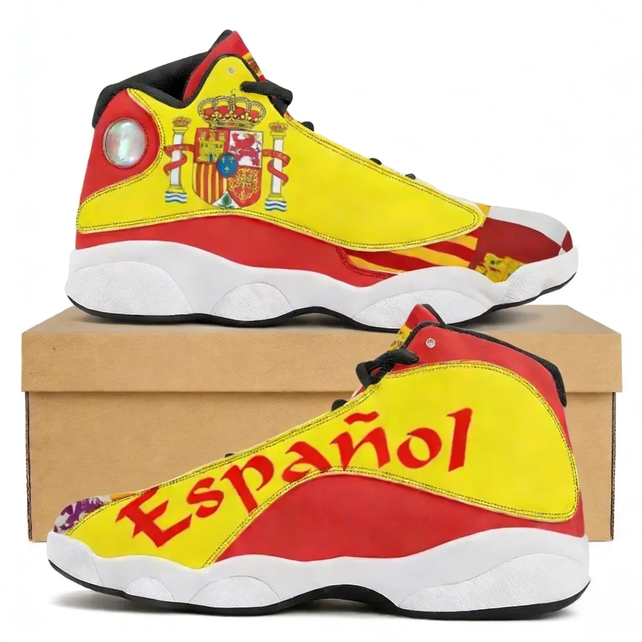 Noisydesigns Sneakers da Basket Alte da Uomo, Scarpe Sportive Ammortizzate per Esterni, Design Bandiera Spagnola, Cuscino d'Aria, in Pelle Personalizzabile