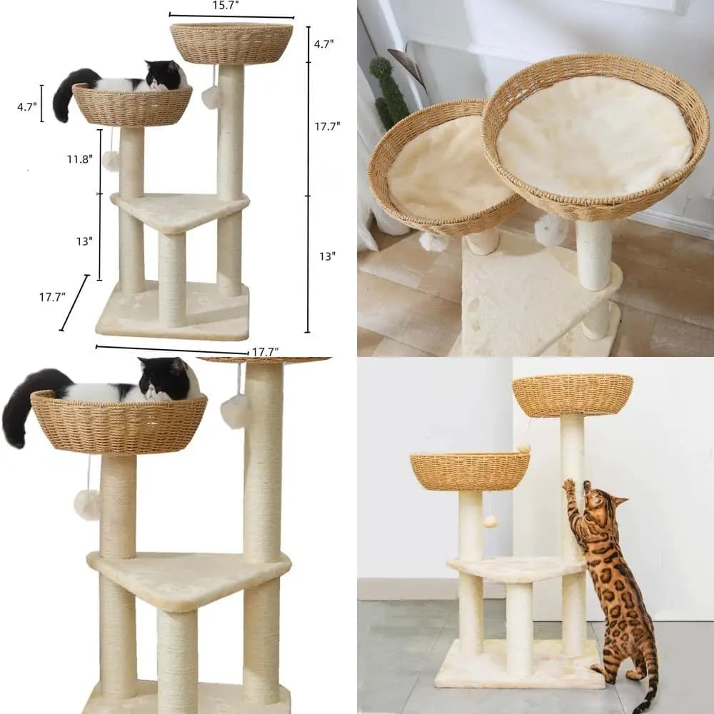 Torre per gatti in vimini rattan con 2 cestini nido e posatoio per finestra, adatta per gatti di grandi dimensioni fino a 20 libbre