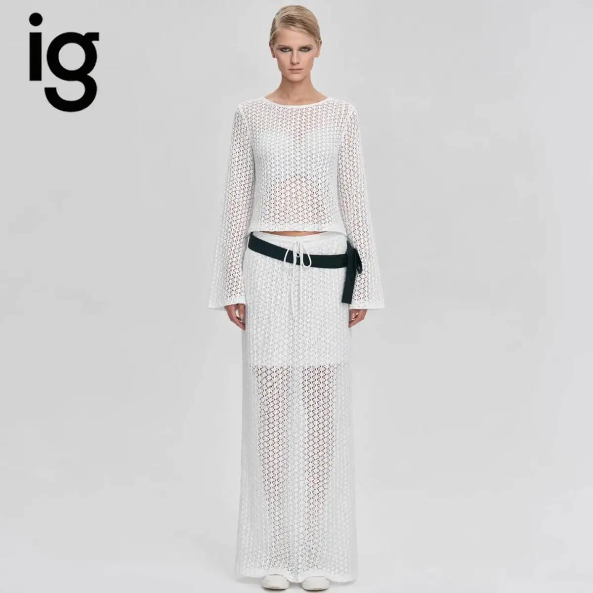 IG 2026 Women's Hollow Out Knit Two Piece Set, Flare Sleeve Cropped Top & Drawstring Waist Maxi Skirt With Bow Belt Matching