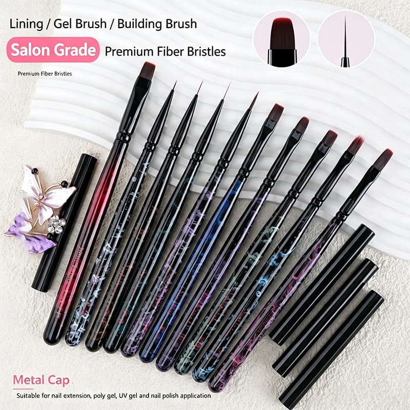 10Pcs Wood Handle Nail Art Brush Set Quality Fiber Hair UV Gel Liner Builder Painting Pen With Metal Cap Manicure Nail Art Tools
