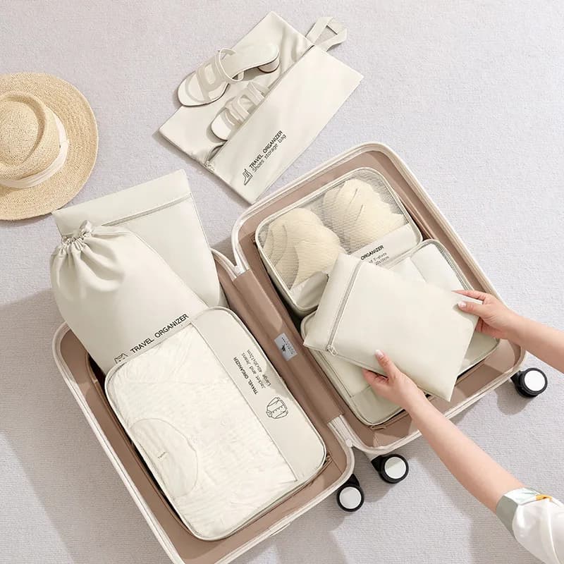 A QX2E 6 Pieces Travel Luggage Organizers Set Packing Cubes with Shoe Bag Cosmetics Accessories Waterproof Toiletry for