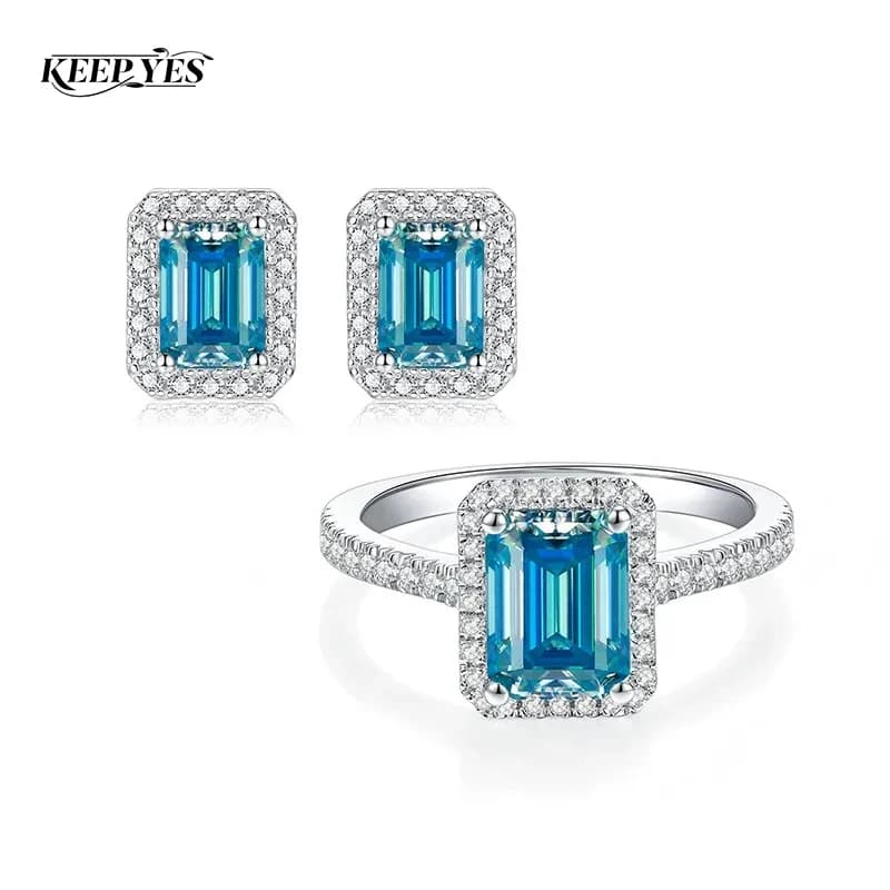 Anello di Fidanzamento KEEP YES con Moissanite Blu Cielo 2ct 6*8mm Taglio Smeraldo, Fede Nuziale in Argento Sterling 925 con Certificato GRA