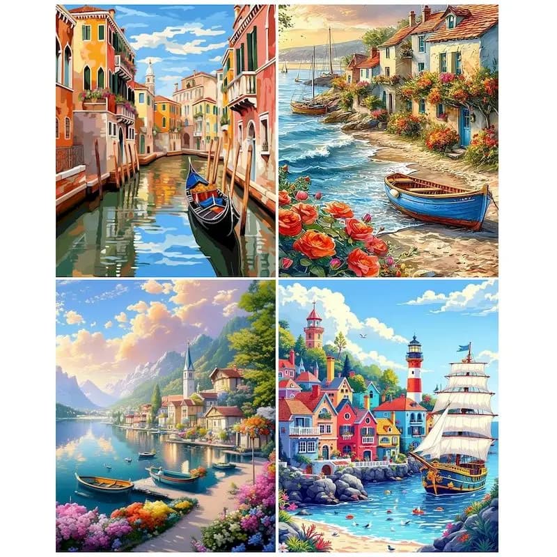 GATYZTORY Acrylic Paint By Numbers For Adults Mediterranean Village Oil Painting Picture Diy Ideas Numbers Painting Decor Gift