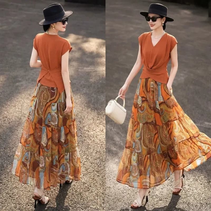2026 Summer New Mother Dress Short-sleeved Fashion Versatile Suit Light Ripe Wind Waist Top Printed Pendulum Skirt Two-piece Set