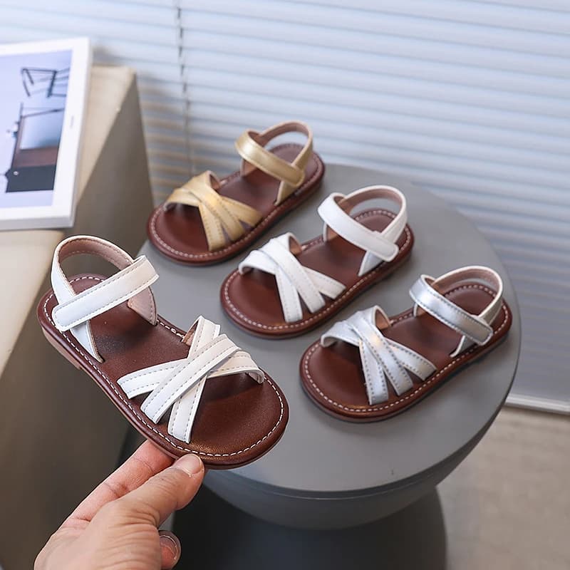 2026 Summer New Girls PrincessShoes Versatile Romanesque Girls Sandals Soild Color Kids Beach Shoes Non-slip Soft Sole Hook&loop