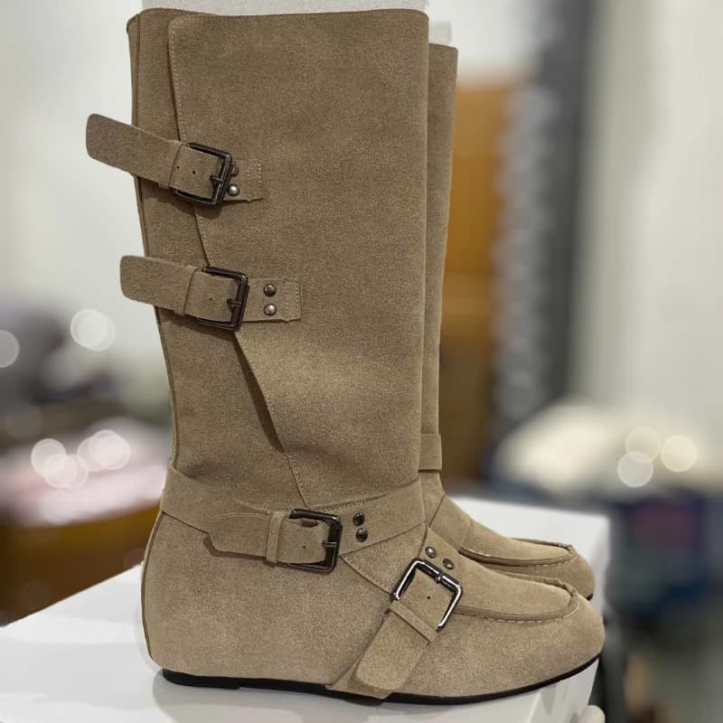 Women's Vintage Suede Suede High Knee Boots With Belt Buckle Retro Elegant Slip-on Shoes With Low Heel Fashionable Women's Boots