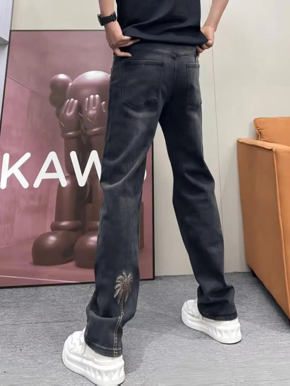 Loose Straight Leg Men's Jeans Grey Black Casual Embroidery Spring Autumn High Street American Style Coconut Tree Long Pants