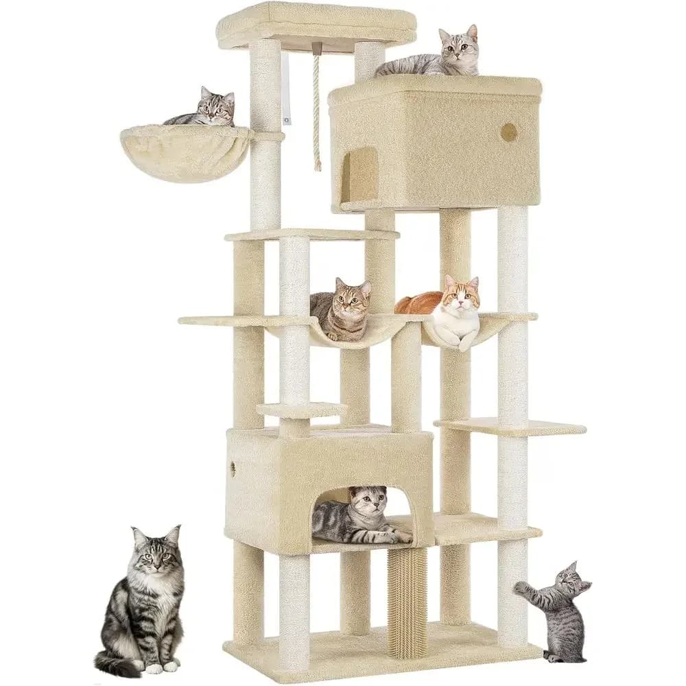 XXL 78.7 Cat Tree with 10 Posts, 2 Caves, Hammocks, Large Platform, Brushes, Basket for Large Cats, Beige