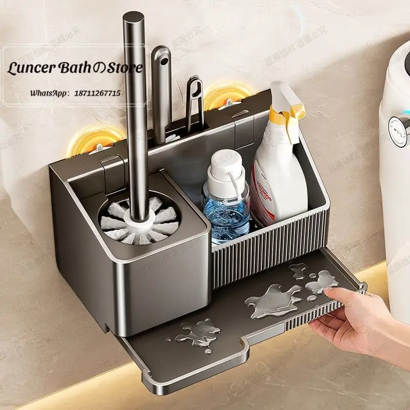 Gun Gray Suction Cup Toilet Brush Holder Set, Wall Mounted No Dead Corner Bathroom Cleaning Brush for Home, Toilet