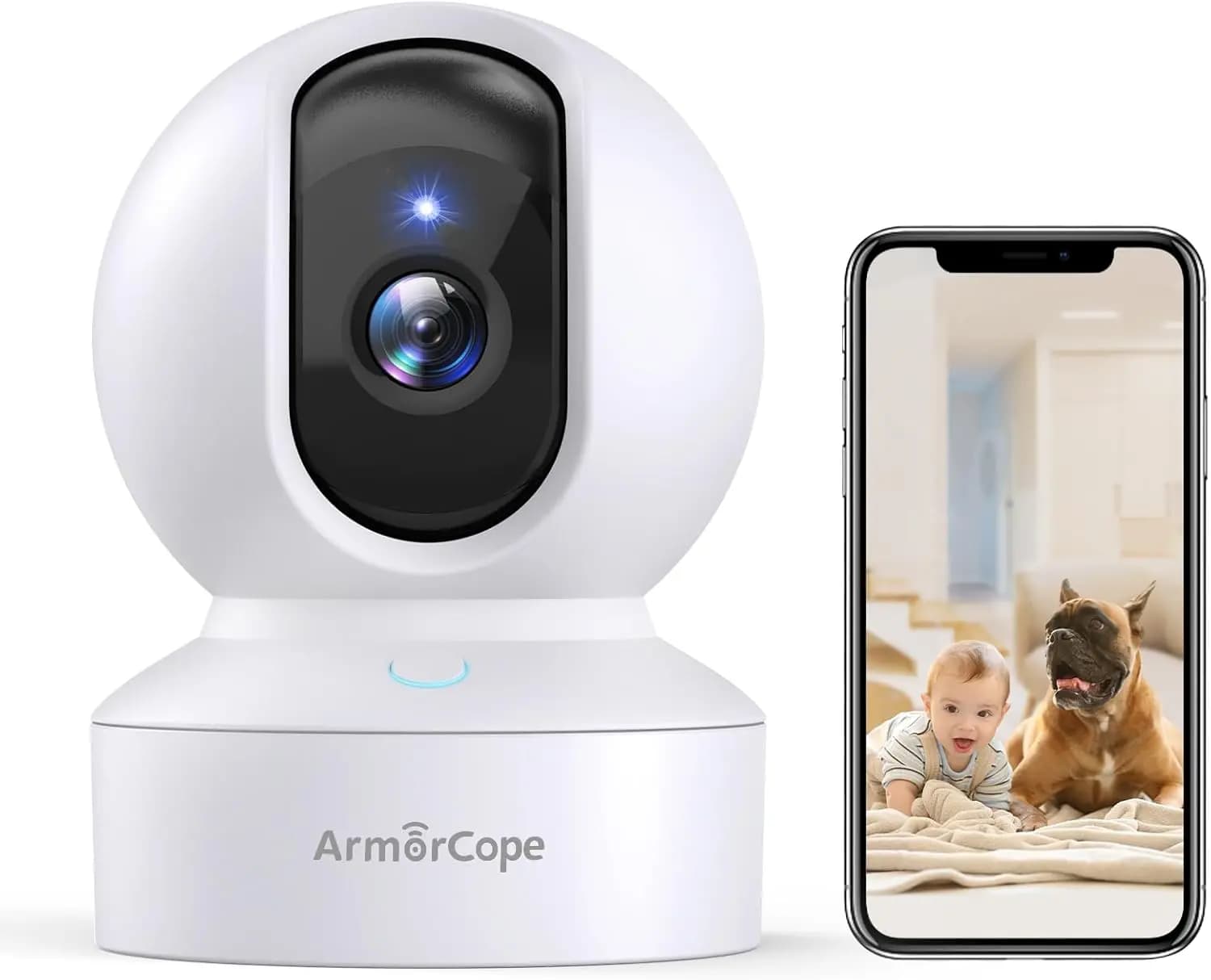 Telecamera per Animali Domestici 2K HD con App per Smartphone, 360° ° Telecamera per Cuccioli con Funzione Pan/Tilt, Chiamata con Un Solo Tocco per Monitoraggio Bambini, Visione Notturna e Rilevamento Movimento