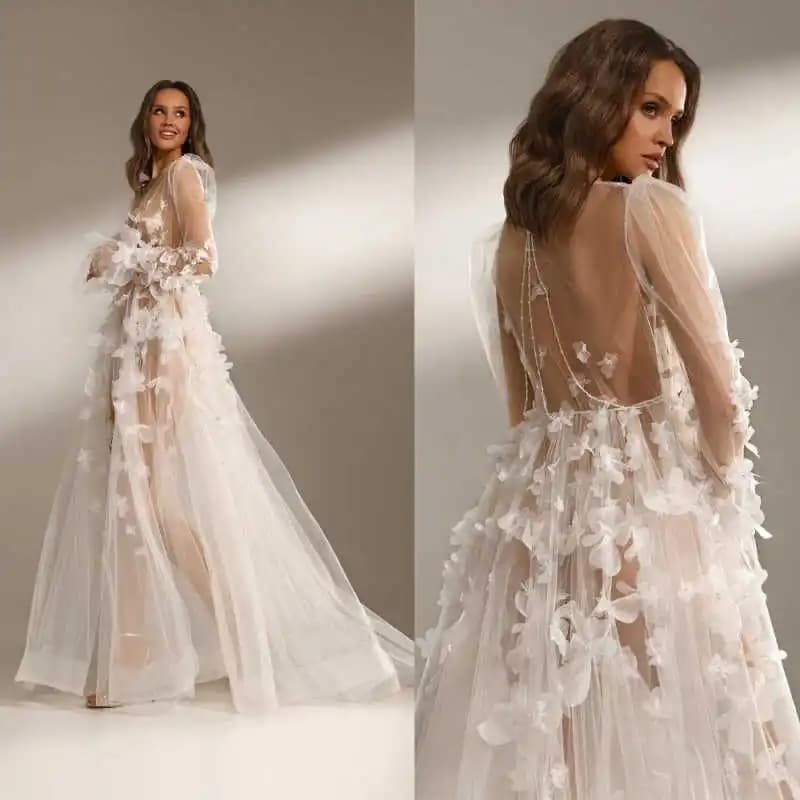 Elegante Vestaglia da Donna con Applicazioni 3D in Pizzo, Manica Lunga, per Sposa, Matrimonio, Fotografia, Personalizzabile