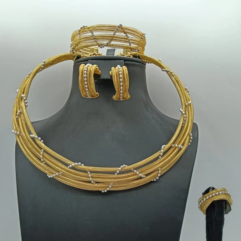 Textured Two Tone Shape Jewelry Set with Beads Fabulous Trendy Necklace Bracelet Earrings Ring 4PC Jewellery for Wedding Party