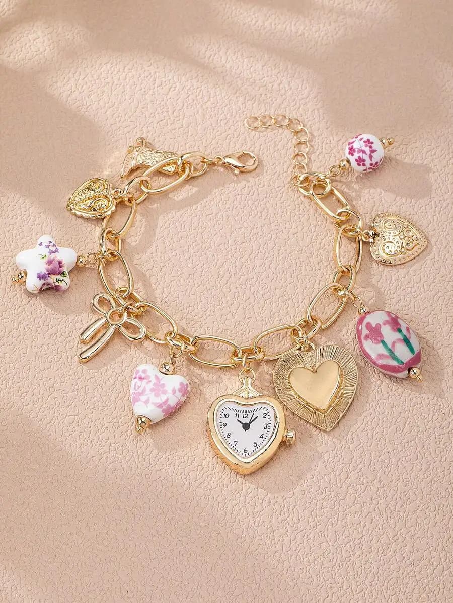 1pc Handmade Tulip Floral Porcelain Charm Bracelet, Faux Watch Boho Jewelry With Heart, Cowboy Boots, Heart Locket Charms,