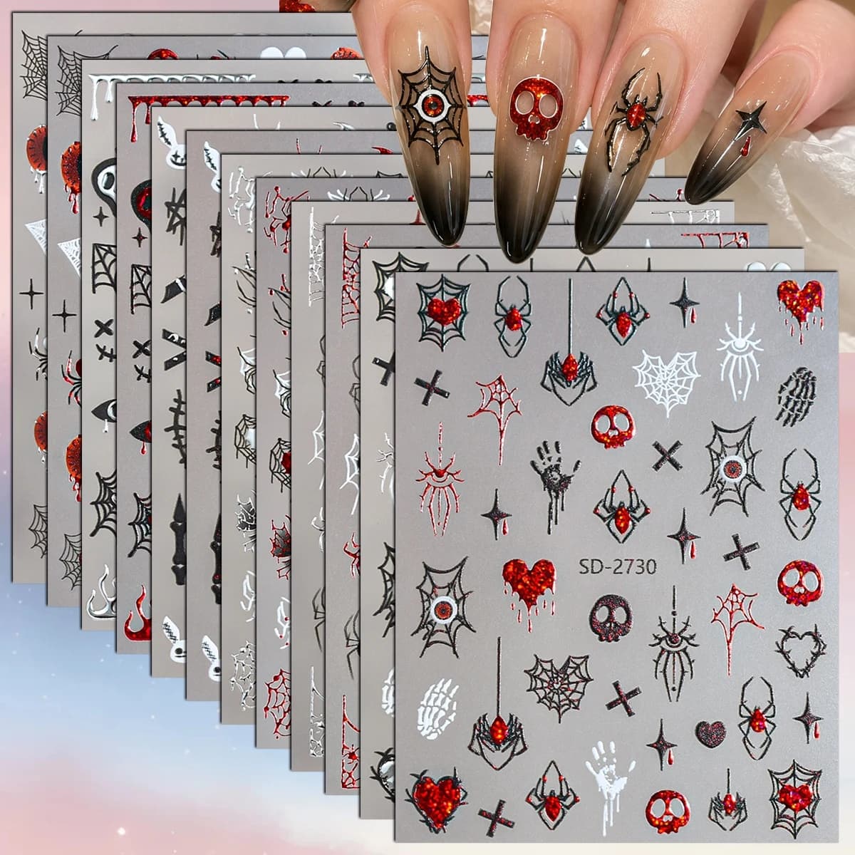 3 to 12 Sheets 5D Halloween Gothic Spider Web Skull Blood Drip Bat Cross Embossed Self-Adhesive Horror Nail Art Stickers