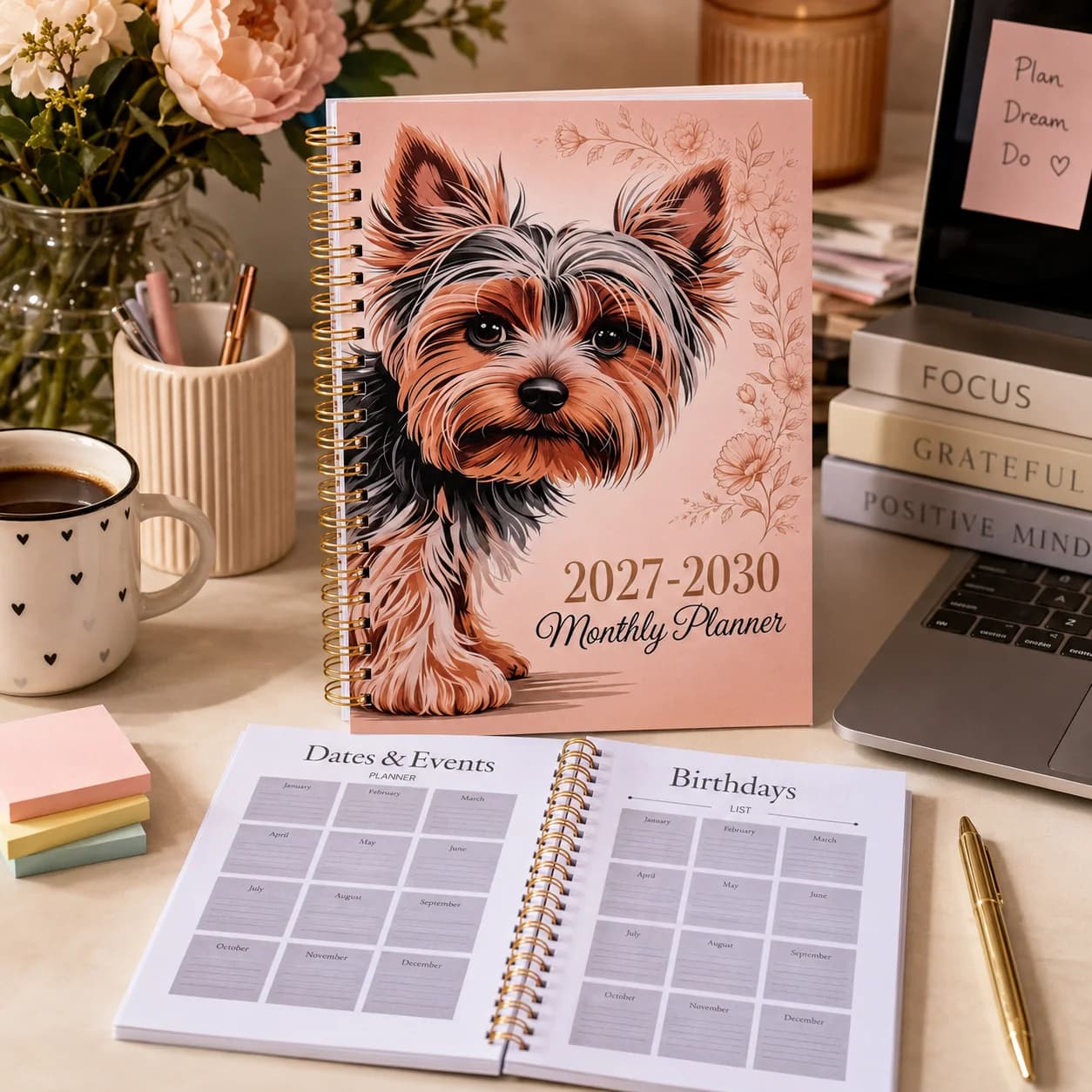 Delicate Floral Yorkie Planner Gold Spiral Bound Four Year Calendar Notebook For Important Event & Birthday Record