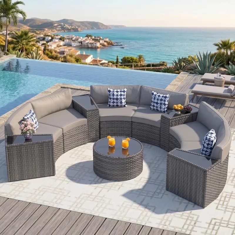 ABCASA Outdoor Patio Furniture Set with Coffee Table,Half-Moon Curved Sectional Sofa and Side Table Waterproof Cover,Wicker