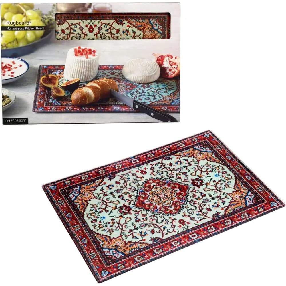 Decorative Heat-Resistant Glass Cutting Board, 9.6 x 14.4, Shatterproof Chopping and Serving Tray with Magic Carpet Design