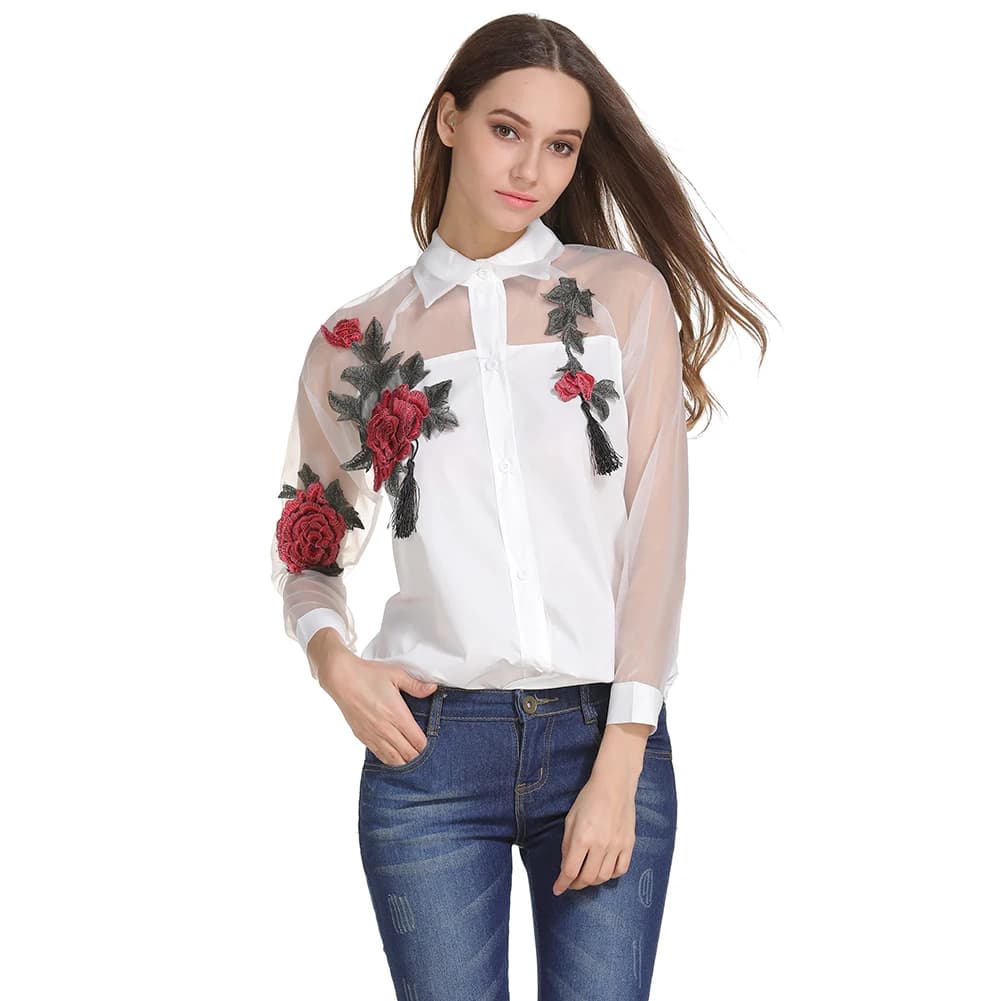 Fashion Women Organza Embroidery Flowers Chiffon Blouse Long Sleeve Casual Shirt Plus Size Female Stitching White Blouse S-3XL