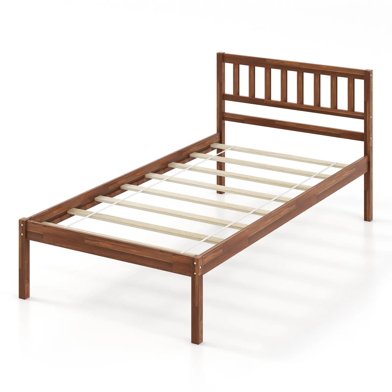 Letto a piattaforma matrimoniale con testiera, gambe in legno massello, base per materasso, colore noce