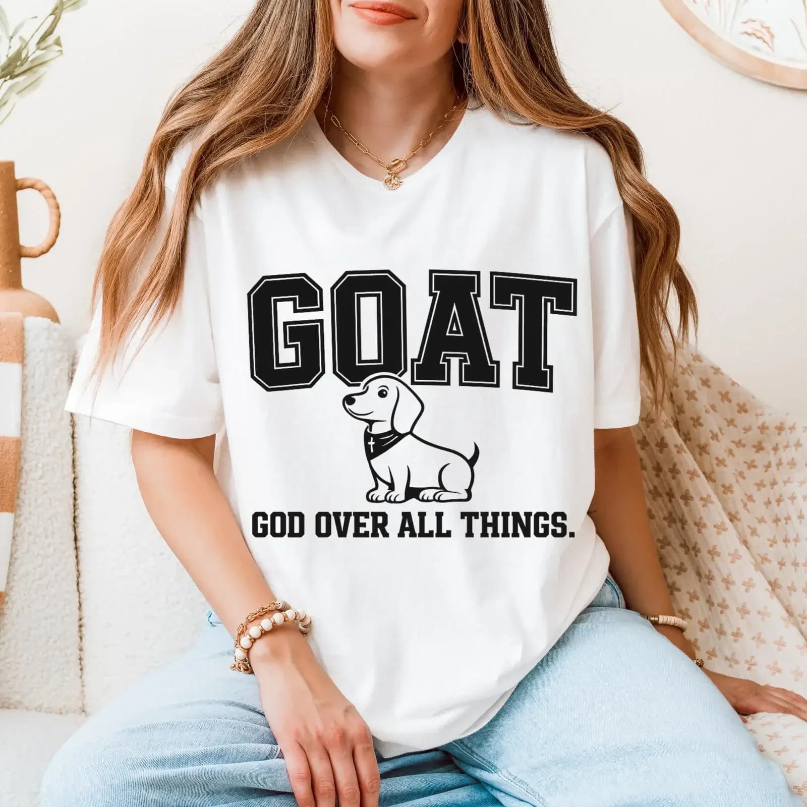 Maglietta GOAT God Over All Things Christian Dachshund, a tema religioso, per amanti dei cani, con cucciolo carino, ispirazionale, vintage, effetto lavato