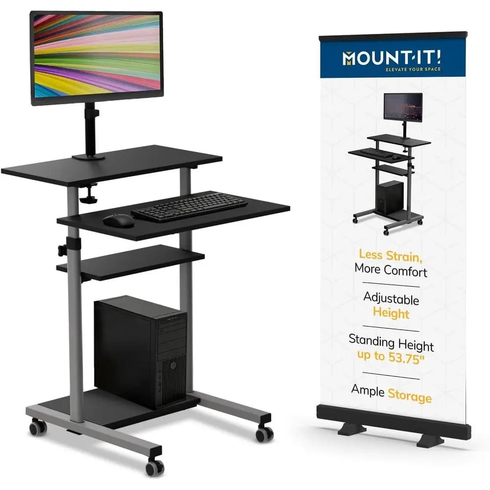 Carrello Portatile per Computer con Supporto per Monitor da 32 Pollici, Supporto da Scrivania Regolabile per Insegnanti, Ufficio, Aula, Supporto per Proiettore