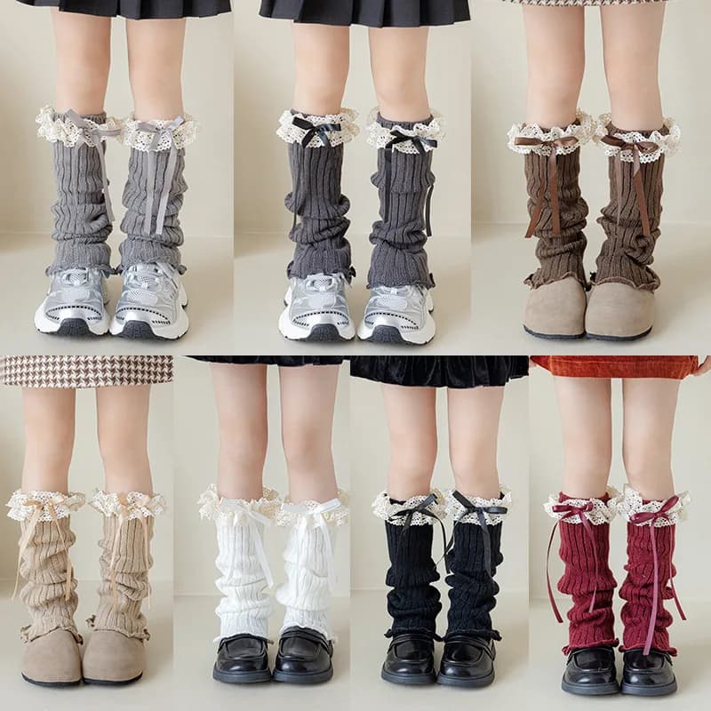Scaldacaviglie in pizzo con fiocco, stile balletto Lolita, calze lunghe sopra il ginocchio, calze lunghe bianche lavorate a maglia JK per autunno e inverno