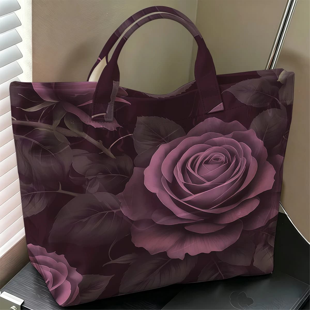 Deep Purple Roses Stylish Large Glossy PVC Tote Bag Washable Waterproof Durable Ideal for Travel Commute Cosmetics Books Handbag