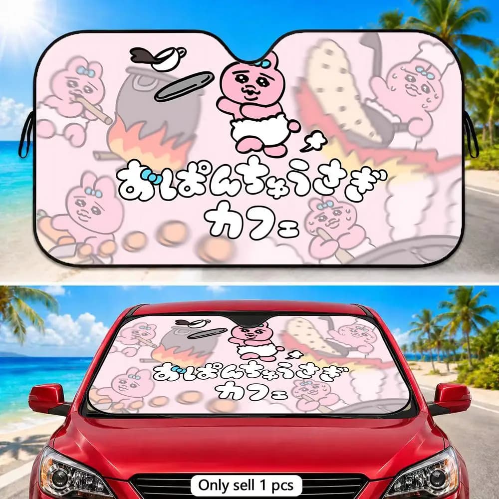 Cute O-Opanchu Usagi Sun Visor Reusable Foldable Aluminum Foil Sunshade UV Heat Insulation Cover for Car Front Windshield