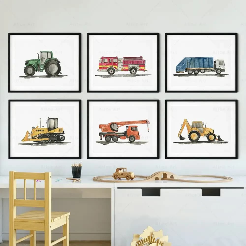 Watercolor Child Toy Car Poster Construction Truck Fire Engine Ambulance Canvas Painting Nordic Wall Art Picture Kids Room De