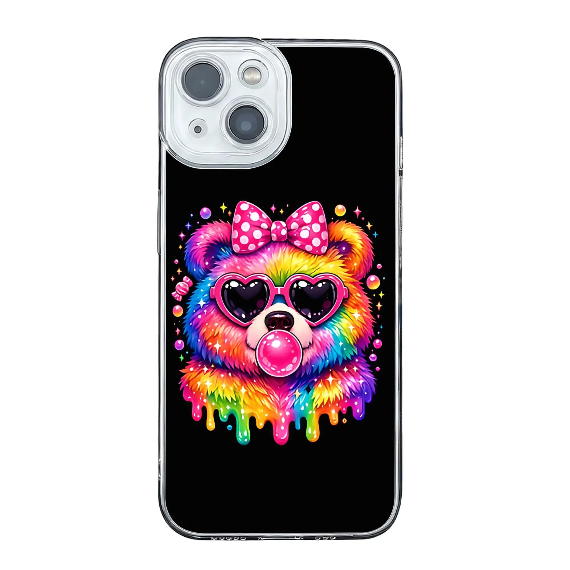 Cover per iPhone 17 16 15 14 13 12 11 Pro Max da Donna con Capibara Arcobaleno che Soffia Bolle di Gomma e Occhiali, Stile Coquette con Fiocco