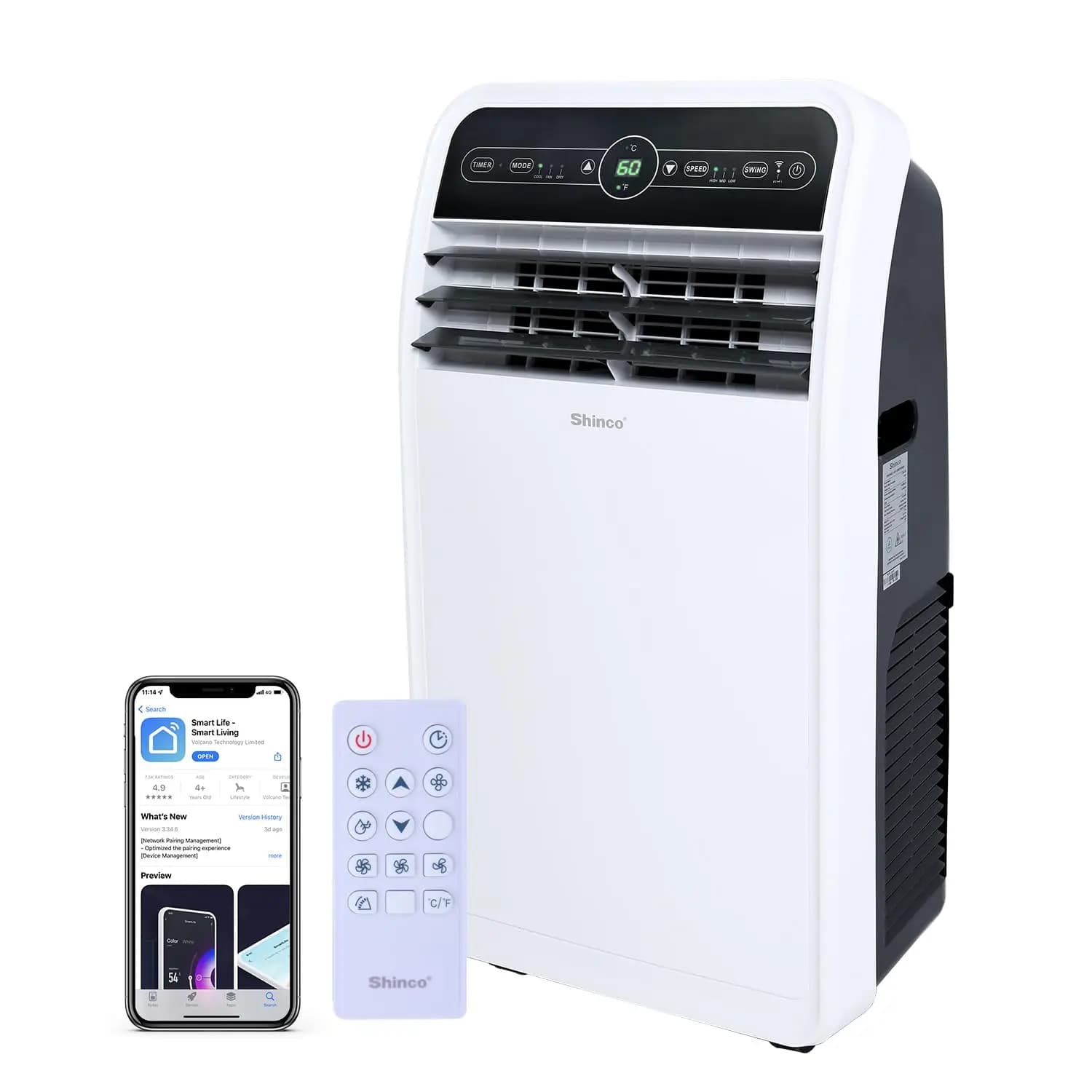 Shinco 12,000 BTU smart Wi-Fi, portable AC unit with cold mode, dehumidifier and built-in fan for environments
